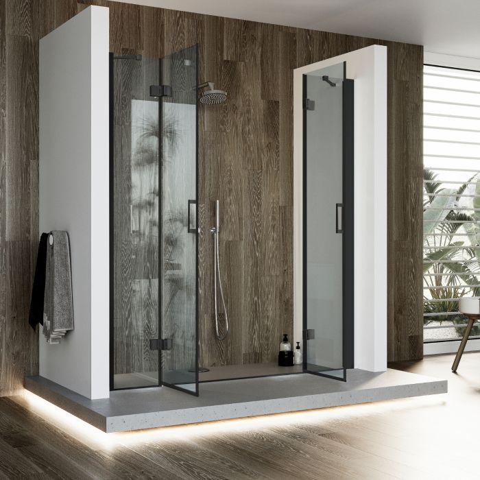 Porta Doccia 210CM H190 Vetro Trasparente mod. Flip Black Anta + Anta main product photo