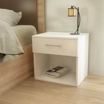 Comodino con un cassetto ed un vano a vista inferiore 44,5x35x43,5h cm di colore Bianco mod. Nightstand