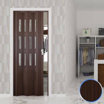 Porta a Soffietto da Interno in PVC Noce Mansonia Vetro Trasparente 88,5x214 cm mod. Luciana