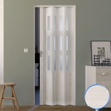 Porta a Soffietto da Interno in PVC Pino Sbiancato Vetro Satinato 88,5x214 cm mod. Luciana