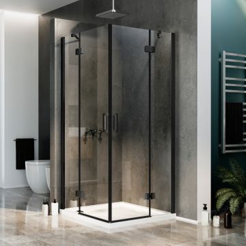 Box Doccia 75x75 CM H190 Trasparente con mod. Flip Black Anta + Anta Ap. Battente