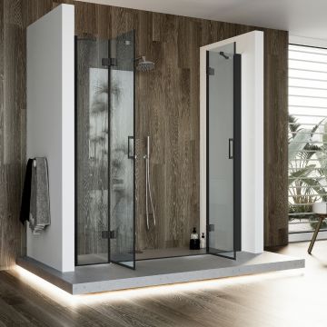 Porta Doccia 240CM H190 Vetro Trasparente mod. Flip Black Anta + Anta