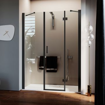 Porta Doccia 110CM H190 Vetro Trasparente mod. Flip Black Anta + Fisso